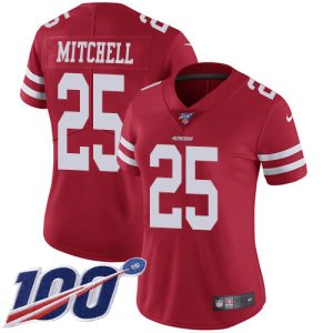 elite 49ers #25 Elijah Mitchell Red Team Color Women's Stitched NFL 100th Season Vapor Limited Jersey