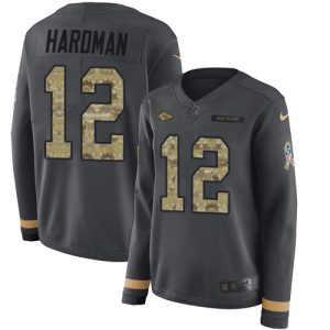 elite Chiefs #12 Mecole Hardman Anthracite Salute to Service Women's Stitched NFL Limited Therma Long Sleeve Jersey