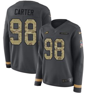 Eagles #98 Jalen Carter Anthracite Salute to Service Women's Stitched NFL Limited Therma Long Sleeve Jersey