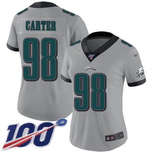 wholesale Eagles #98 Jalen Carter Silver Women's Stitched NFL Limited Inverted Legend 100th Season Jersey