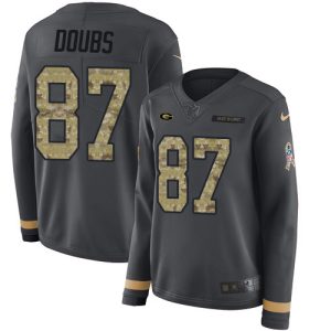 cheap Packers #87 Romeo Doubs Anthracite Salute to Service Women's Stitched NFL Limited Therma Long Sleeve Jersey