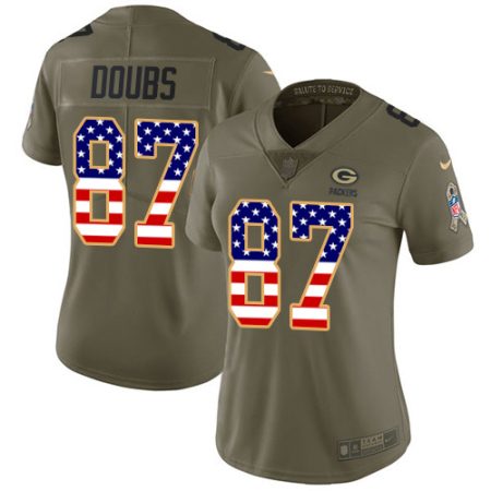 Packers #87 Romeo Doubs Olive/USA Flag Women's Stitched NFL Limited 2024 Salute To Service Jersey