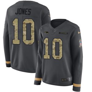 Patriots #10 Mac Jones Anthracite Salute to Service Women's Stitched NFL Limited Therma Long Sleeve Jersey