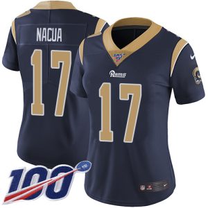 rams #17 puka nacua navy blue team color women's stitched nfl 100th season vapor limited cheap jersey