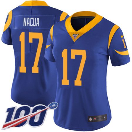 Rams #17 Puka Nacua Royal Blue Alternate Women's Stitched NFL 100th Season Vapor Untouchable Limited Jersey