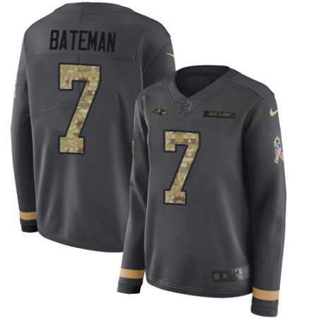 Ravens #7 Rashod Bateman Anthracite Salute to Service Women's Stitched NFL Limited Therma Long Sleeve Jersey