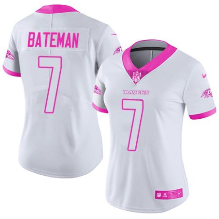 cheap Ravens #7 Rashod Bateman White/Pink Women's Stitched NFL Limited Rush Fashion Jersey