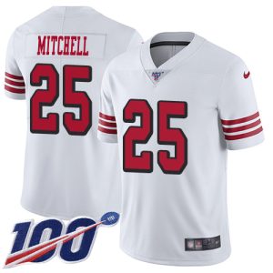 49ers #25 Elijah Mitchell White Rush Youth Stitched NFL Limited 100th Season Jersey