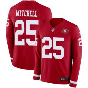 cheap 49ers #25 Elijah Mitchell Red Team Color Youth Stitched NFL Limited Therma Long Sleeve Jersey