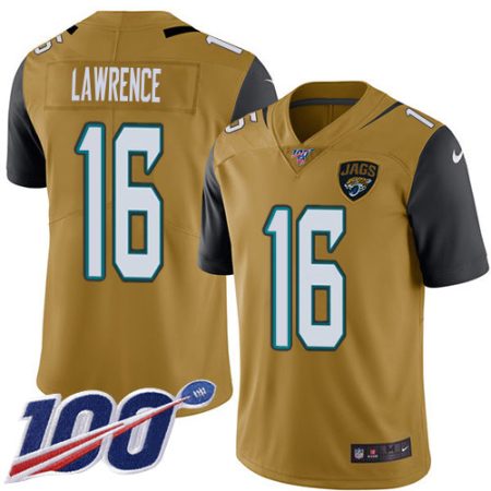 Jaguars #16 Trevor Lawrence Gold Youth Stitched NFL Limited Rush 100th Season Jersey