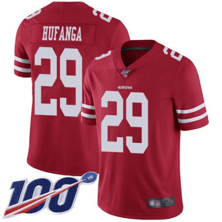 49ers #29 talanoa hufanga red team color men's stitched nfl 100th season vapor limited elite jersey