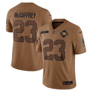 san francisco 49ers #23 christian mccaffrey men's 2024 salute to service limited wholesale jersey - brown