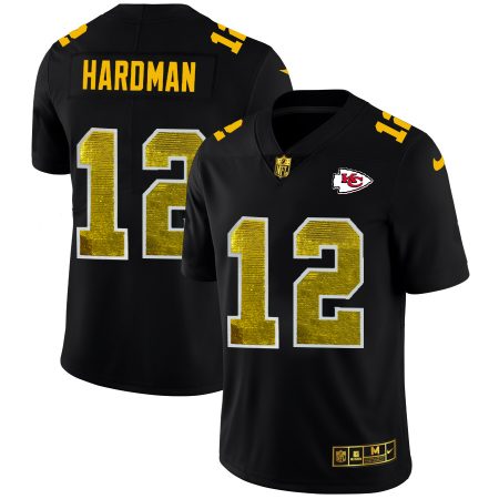 Kansas City Chiefs #12 Mecole Hardman Men's Black Golden Sequin Vapor Limited NFL Jersey