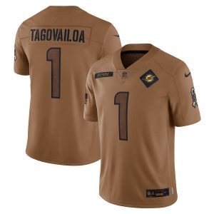 cheap Miami Dolphins #1 Tua Tagovailoa Men's 2024 Salute To Service Limited Jersey - Brown