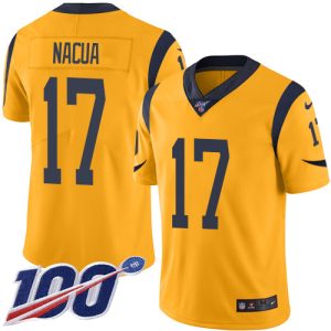 rams #17 puka nacua gold men's stitched nfl limited rush 100th season elite jersey