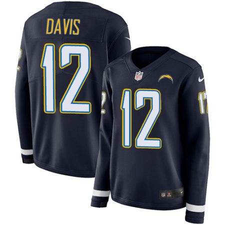 Chargers #12 Derius Davis Navy Blue Team Color Women's Stitched NFL Limited Therma Long Sleeve Jersey