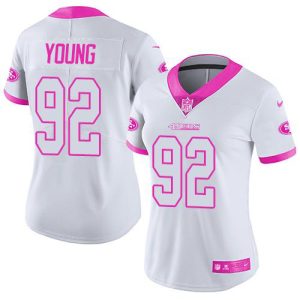 49ers #92 chase young white/pink women's stitched nfl limited rush fashion elite jersey