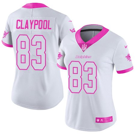 dolphins #83 chase claypool white/pink women's stitched nfl limited rush fashion elite jersey