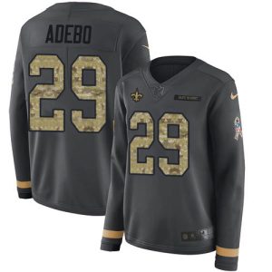 Saints #29 Paulson Adebo Anthracite Salute to Service Women's Stitched NFL Limited Therma Long Sleeve Jersey