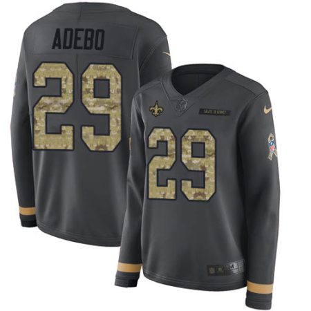 Saints #29 Paulson Adebo Anthracite Salute to Service Women's Stitched NFL Limited Therma Long Sleeve Jersey