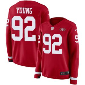 wholesale 49ers #92 Chase Young Red Team Color Women's Stitched NFL Limited Therma Long Sleeve Jersey