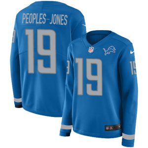 cheap Lions #19 Donovan Peoples-Jones Blue Team Color Women's Stitched NFL Limited Therma Long Sleeve Jersey