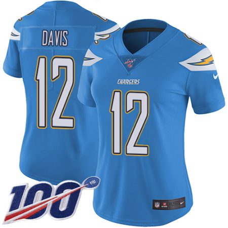 Chargers #12 Derius Davis Electric Blue Alternate Women's Stitched NFL 100th Season Vapor Untouchable Limited Jersey