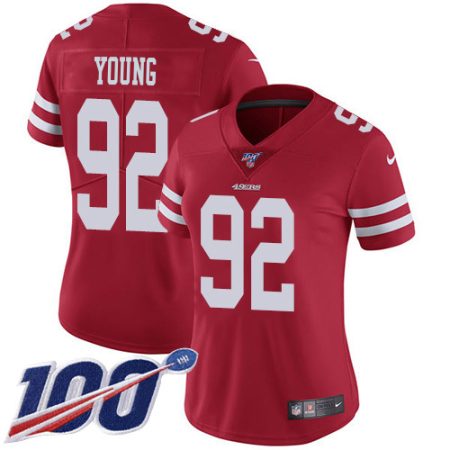 49ers #92 Chase Young Red Team Color Women's Stitched NFL 100th Season Vapor Limited Jersey