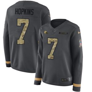 elite Browns #7 Dustin Hopkins Anthracite Salute to Service Women's Stitched NFL Limited Therma Long Sleeve Jersey