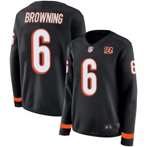 bengals #6 jake browning black team color women's stitched nfl limited therma long sleeve cheap jersey