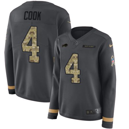 elite Bills #4 James Cook Anthracite Salute to Service Women's Stitched NFL Limited Therma Long Sleeve Jersey