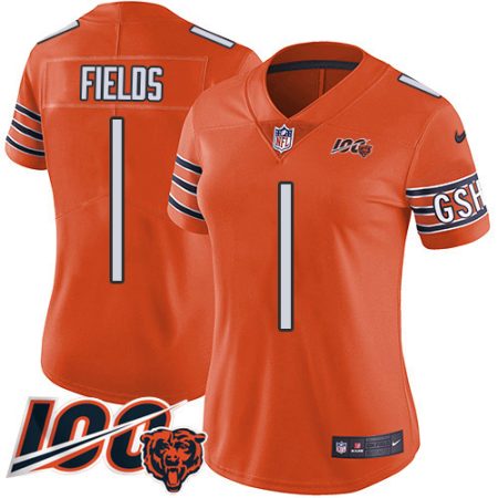 Bears #1 Justin Fields Orange Women's Stitched NFL Limited Rush 100th Season Jersey