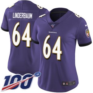 Ravens #64 Tyler Linderbaum Purple Team Color Women's Stitched NFL 100th Season Vapor Untouchable Limited Jersey