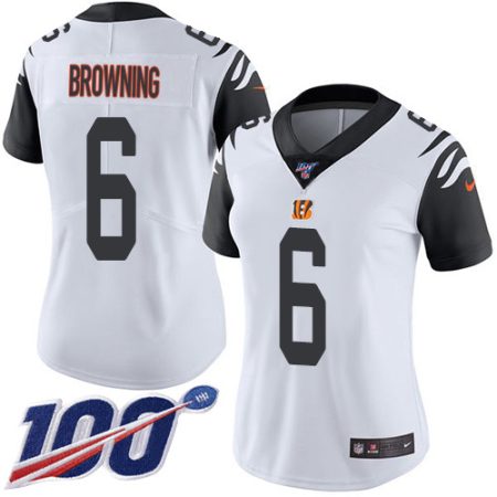 Bengals #6 Jake Browning White Women's Stitched NFL Limited Rush 100th Season Jersey