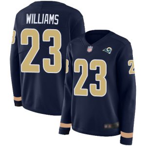 cheap Rams #23 Kyren Williams Navy Blue Team Color Women's Stitched NFL Limited Therma Long Sleeve Jersey