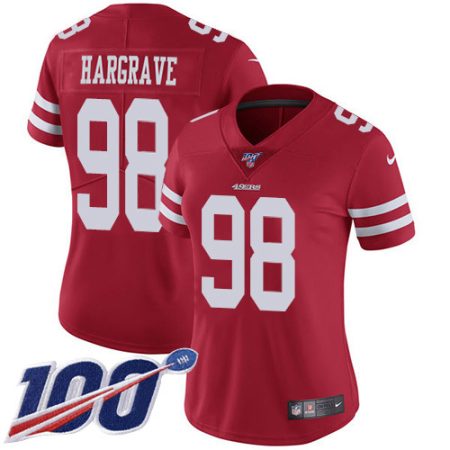 49ers #98 Javon Hargrave Red Team Color Women's Stitched NFL 100th Season Vapor Limited Jersey