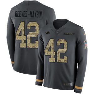 Lions #42 Jalen Reeves-Maybin Anthracite Salute to Service Youth Stitched NFL Limited Therma Long Sleeve Jersey