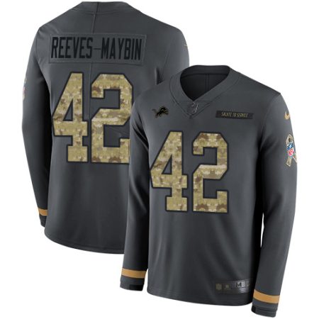 Lions #42 Jalen Reeves-Maybin Anthracite Salute to Service Youth Stitched NFL Limited Therma Long Sleeve Jersey