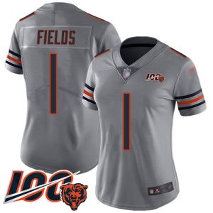 wholesale Bears #1 Justin Fields Silver Women's Stitched NFL Limited Inverted Legend 100th Season Jersey