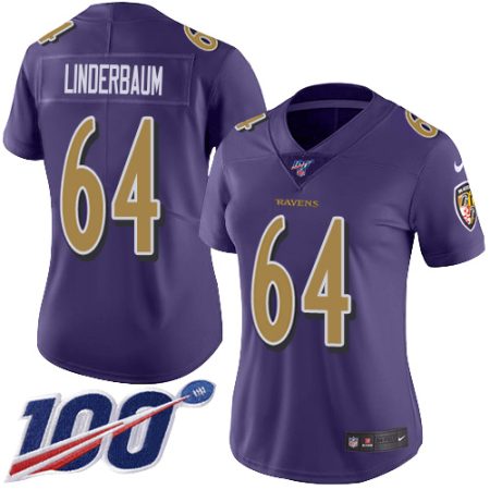 ravens #64 tyler linderbaum purple women's stitched nfl limited rush 100th season wholesale jersey