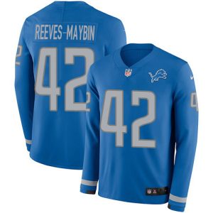 Lions #42 Jalen Reeves-Maybin Blue Team Color Youth Stitched NFL Limited Therma Long Sleeve Jersey