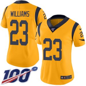 elite Rams #23 Kyren Williams Gold Women's Stitched NFL Limited Rush 100th Season Jersey