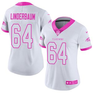 elite Ravens #64 Tyler Linderbaum White/Pink Women's Stitched NFL Limited Rush Fashion Jersey