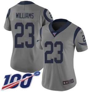 Rams #23 Kyren Williams Gray Women's Stitched NFL Limited Inverted Legend 100th Season Jersey