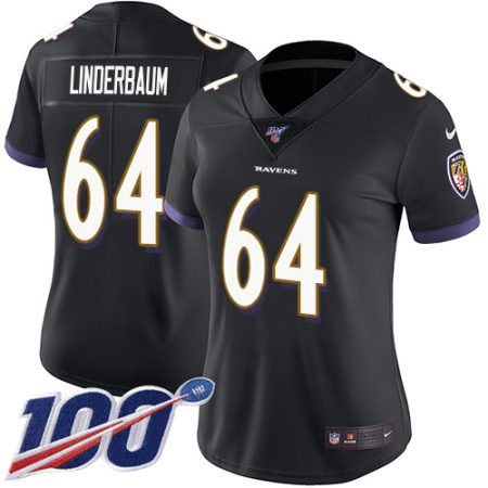 cheap Ravens #64 Tyler Linderbaum Black Alternate Women's Stitched NFL 100th Season Vapor Untouchable Limited Jersey