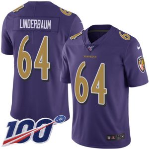 Ravens #64 Tyler Linderbaum Purple Youth Stitched NFL Limited Rush 100th Season Jersey