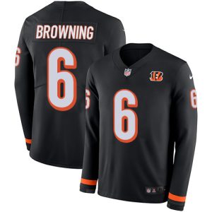 Bengals #6 Jake Browning Black Team Color Youth Stitched NFL Limited Therma Long Sleeve Jersey