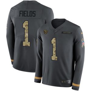 cheap Bears #1 Justin Fields Anthracite Salute to Service Youth Stitched NFL Limited Therma Long Sleeve Jersey