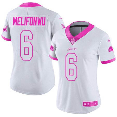 Lions #6 Ifeatu Melifonwu White/Pink Women's Stitched NFL Limited Rush Fashion Jersey