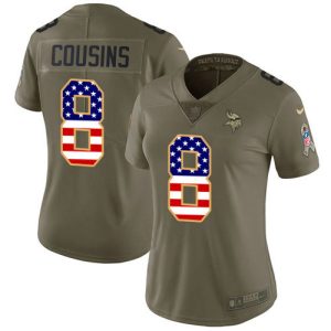 Vikings #8 Kirk Cousins Olive/USA Flag Women's Stitched NFL Limited 2017 Salute To Service Jersey